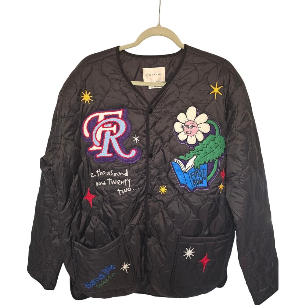 First Row Sunshine Quilted Jacket XL Black Embroidered Patch Streetwear NWOT NEW